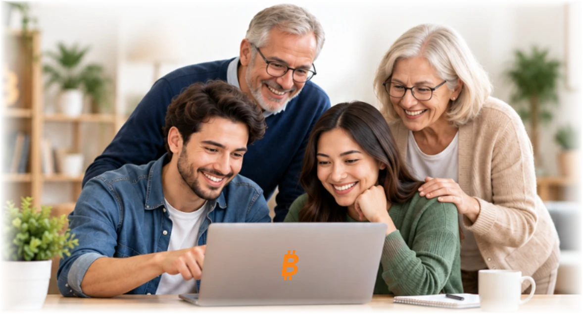 Two adults seated at a laptop with an older couple standing behind them, smiling and learning together in a warm home office.